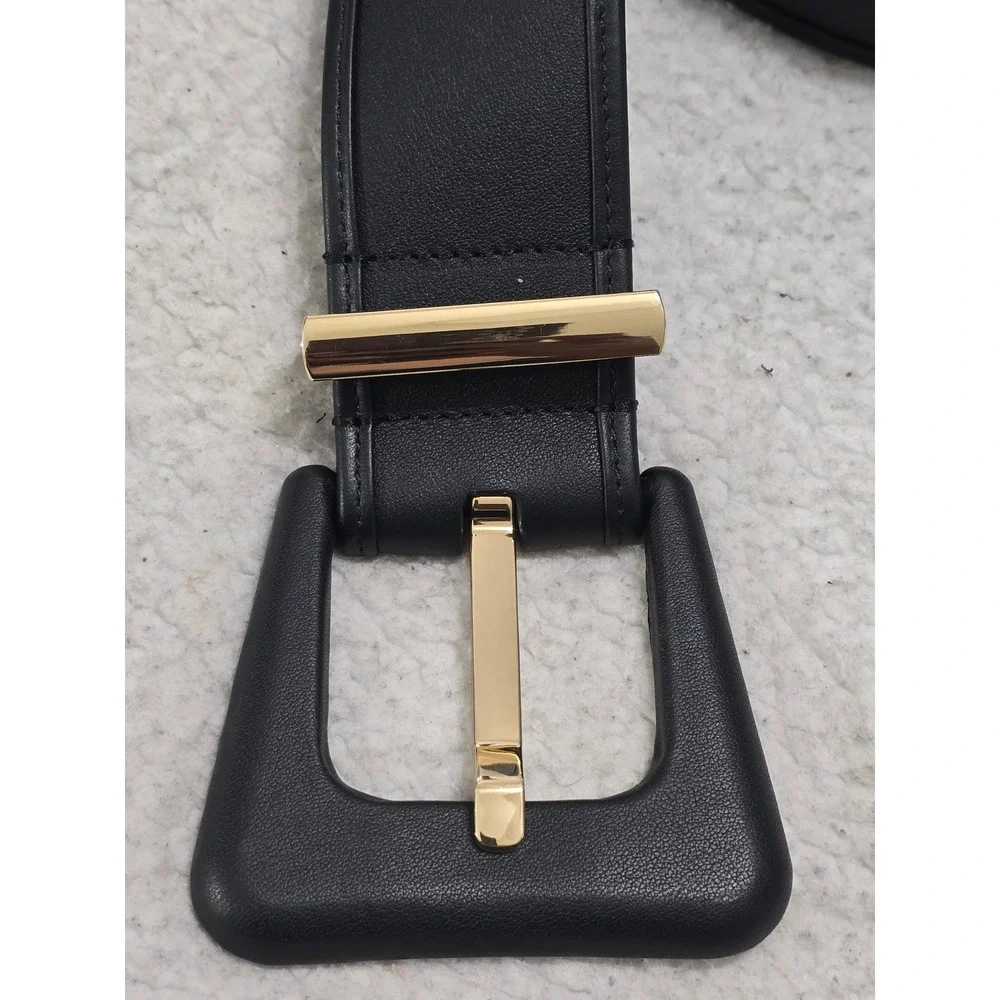 Cabi Black Genuine Leather Wide Waist Belt Gold Buckle Size Large 4803
